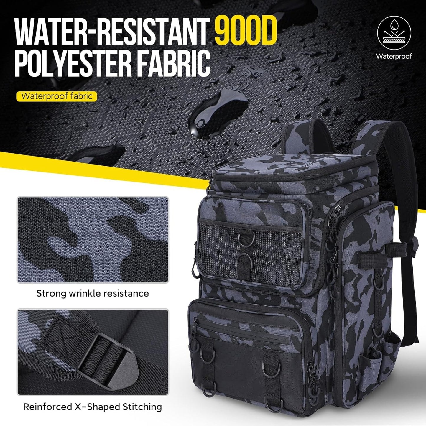Fishing Backpack with Rod Holders Tackle Box, 42L Large Water-resistant Fishing Tackle Bag Store Fishing Gear