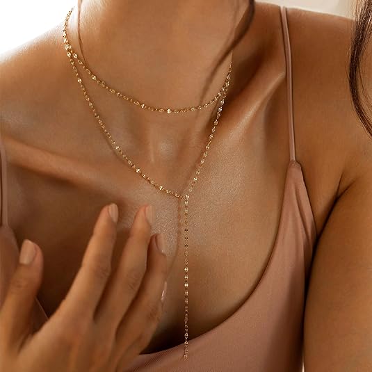Lariat Gold Necklace for Women: 14K Gold Plated Dainty Y-Shaped Body-Chain Choker, Non-Tarnish Layered Pendant Gift