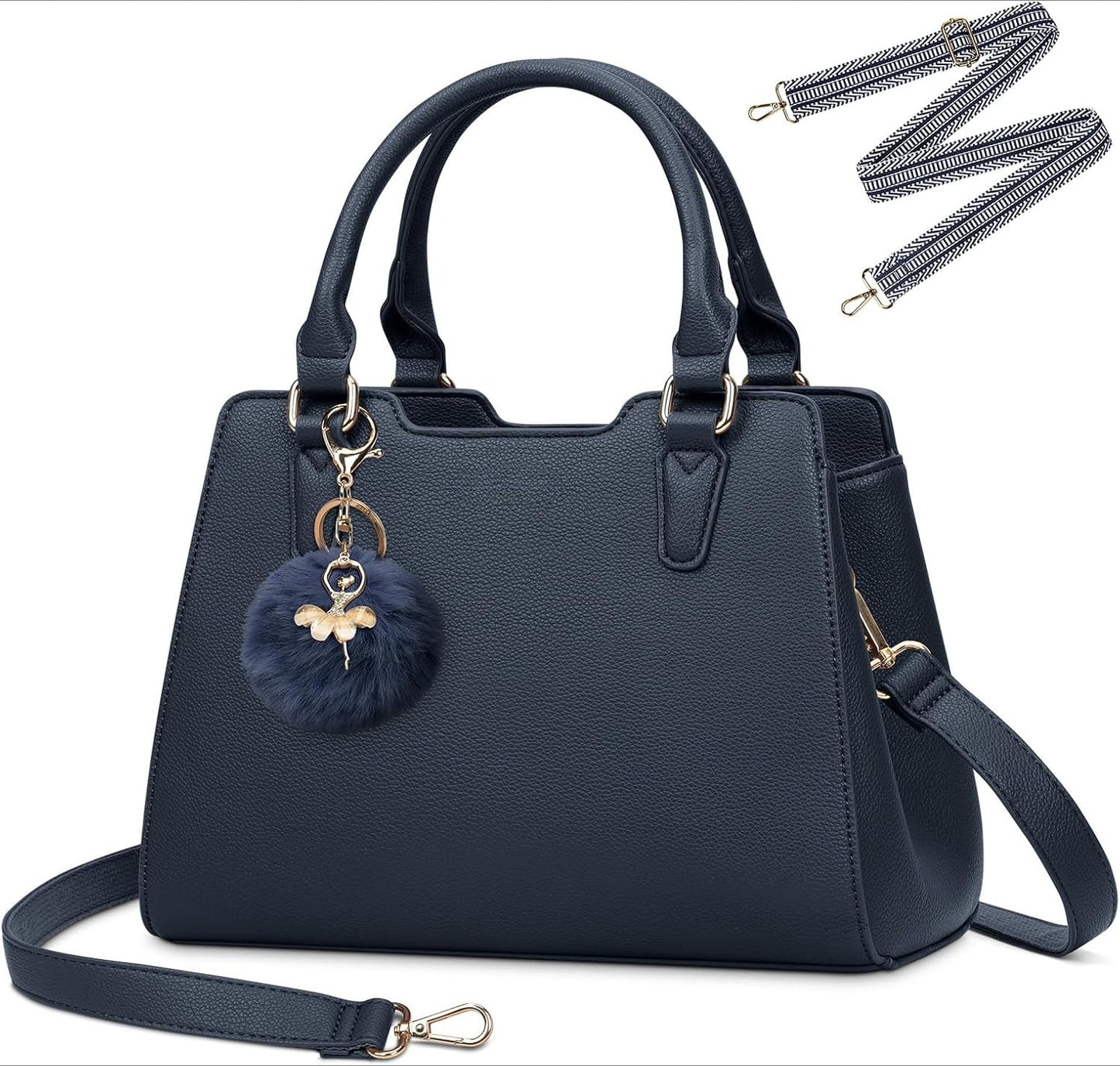 Women's Top Handle Tote Bag PU Faux Leather Shoulder Bag Women's Wallet Handbag with Cute Pom Pom