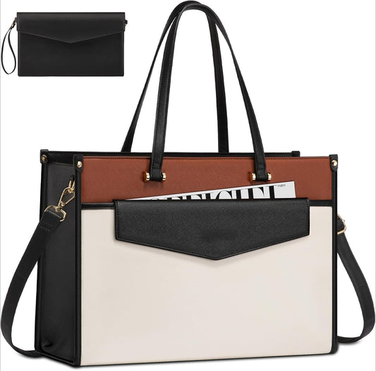 15.6'' Laptop Tote Purse 2-in-1 Professional Business Briefcase with Clutch Purse, Waterproof Leather