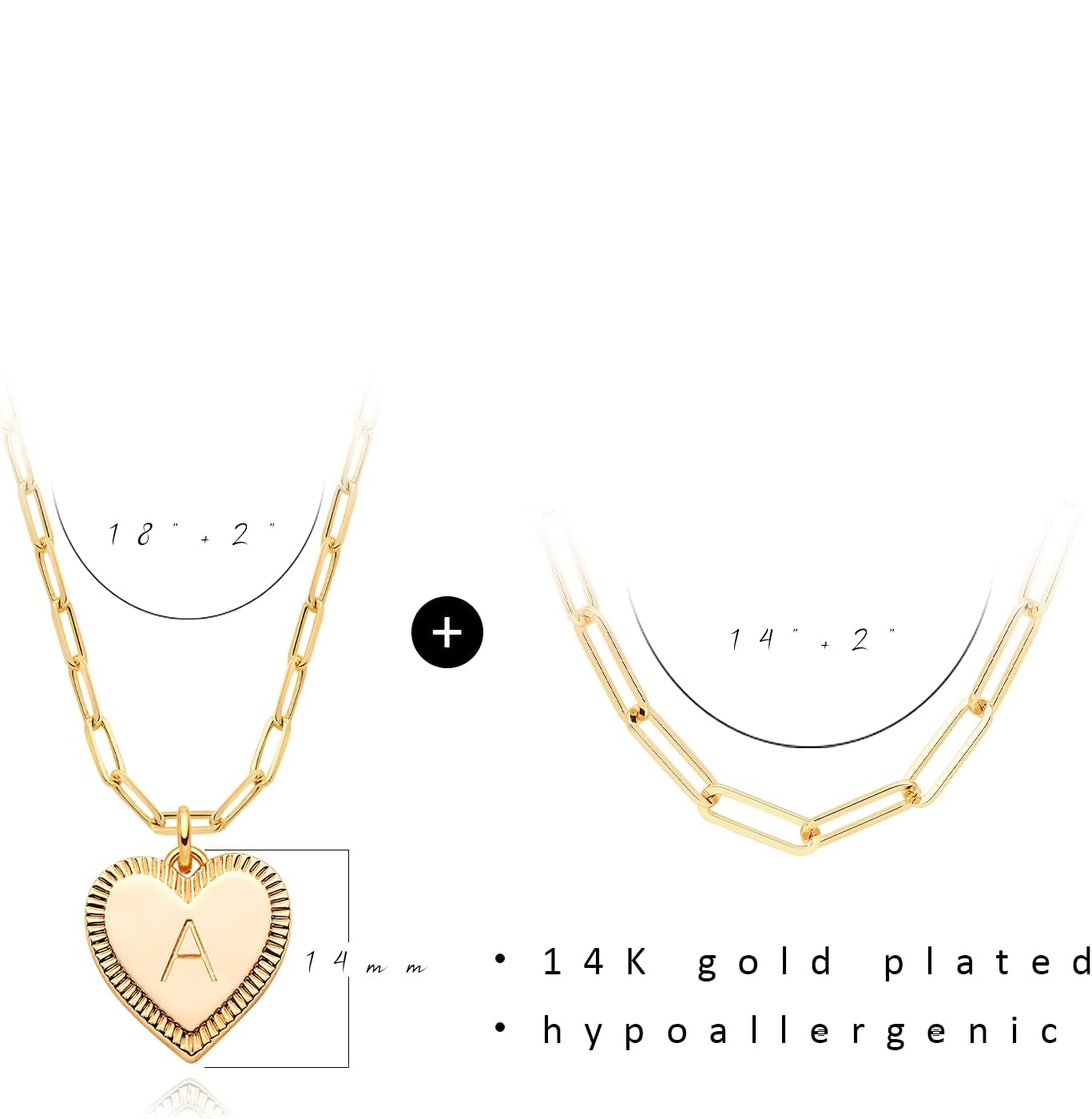 14K Gold Initial Layered Necklace - Paperclip Chain, Personalized Dainty Jewelry for Women