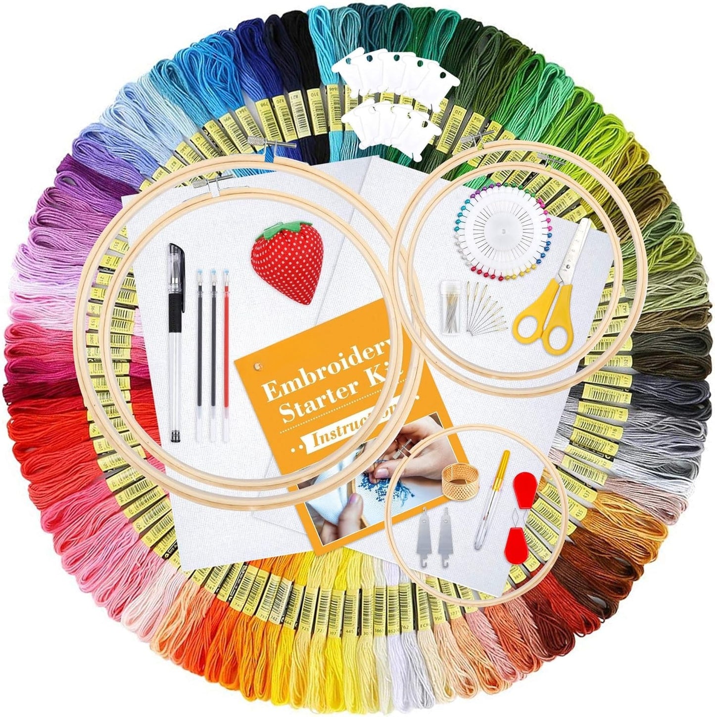 OMOMMD 304 Pack Embroidery Kit, 200 Colors Threads, 5 Pcs Bamboo Embroidery Hoops, 2 Pcs Aida Cloth, Instructions, Bag and Cross Stitch Tools Set, Hand Embroidery Starter Kit for Beginners Adults