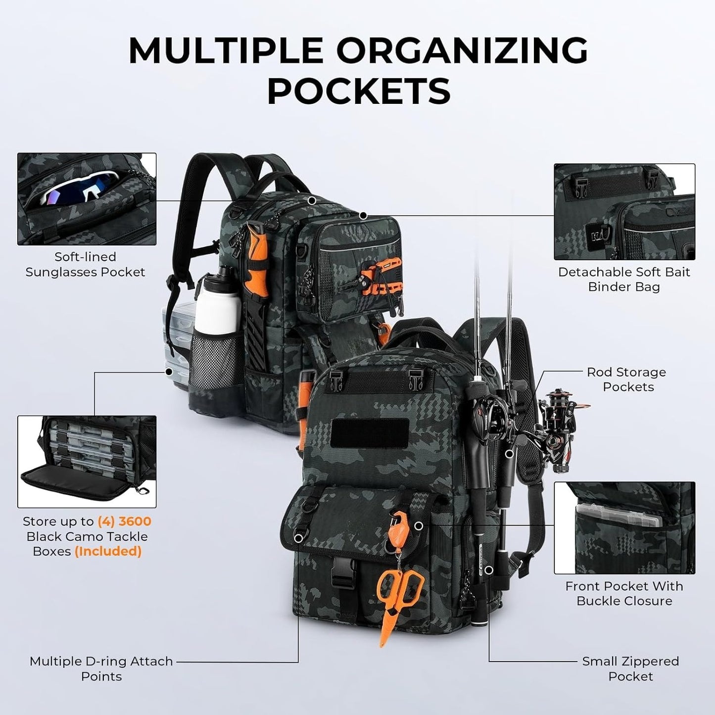 50L Fishing Tackle Backpack with Removable Bait Binder,2 Rod Holders Storage Fishing Gear and Equipment
