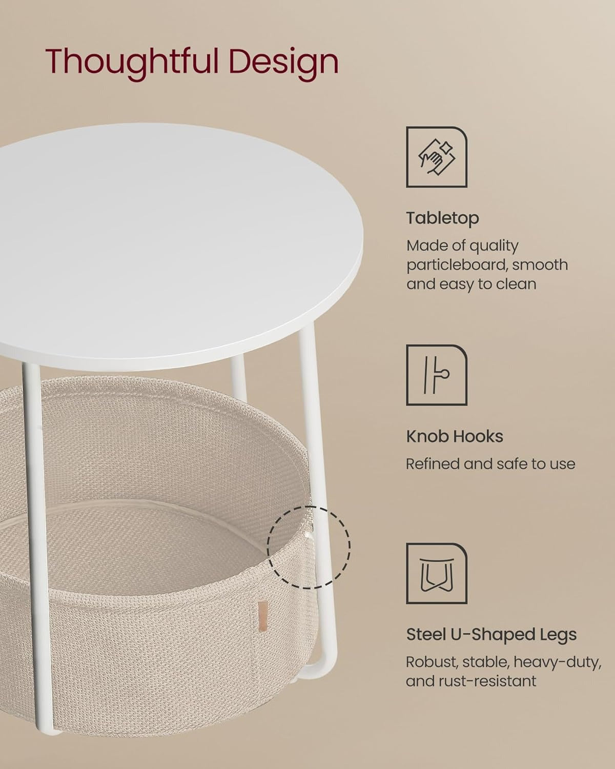 Small Round Side End Table, Modern Nightstand with Fabric Basket