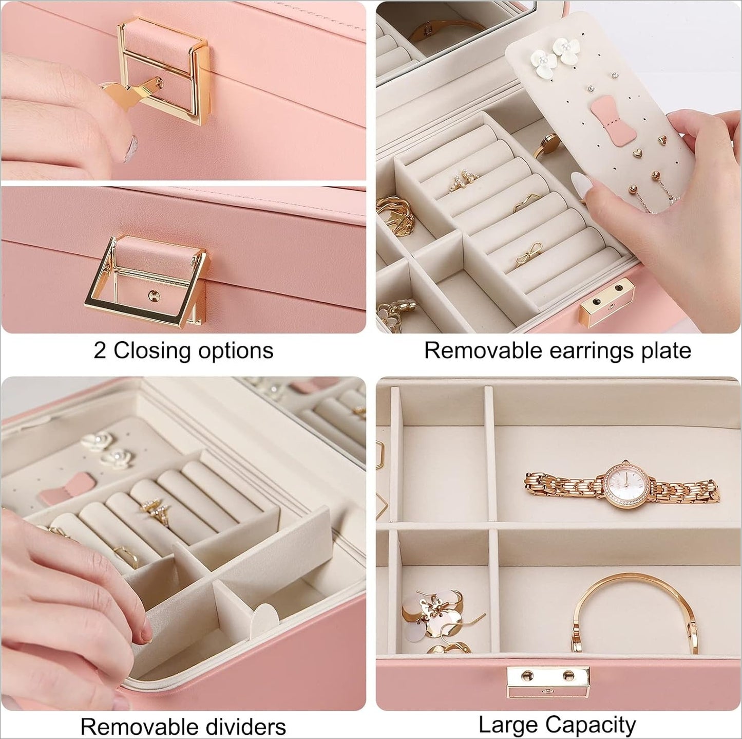 Jewelry Organizer Box, 2 Layers, Large Capacity, Double Lock and Large Mirror, Hidden Necklace Hooks, Removable Dividers