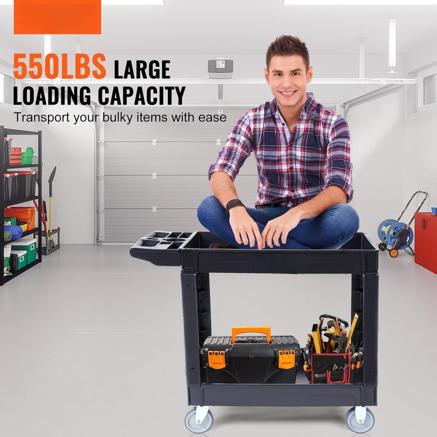 Utility Service Cart, 2 Shelf  Duty Plastic Rolling Utility Cart, Medium Lipped Shelf, 360° Swivel Wheels