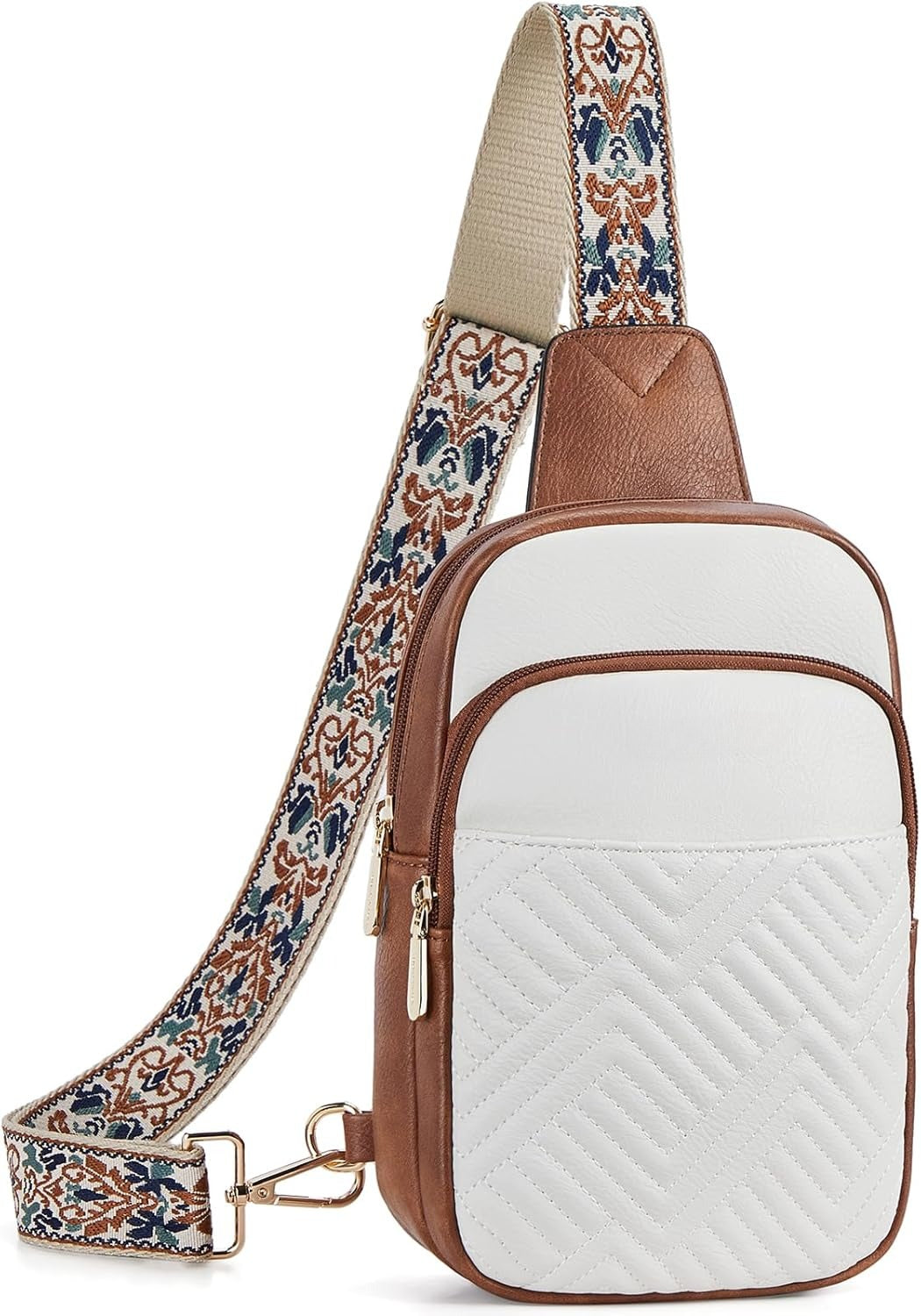 Sling Bag Quilted Crossbody Bags for Women Cross Body Purse Leather Fanny Pack with Adjustable Guitar Strap