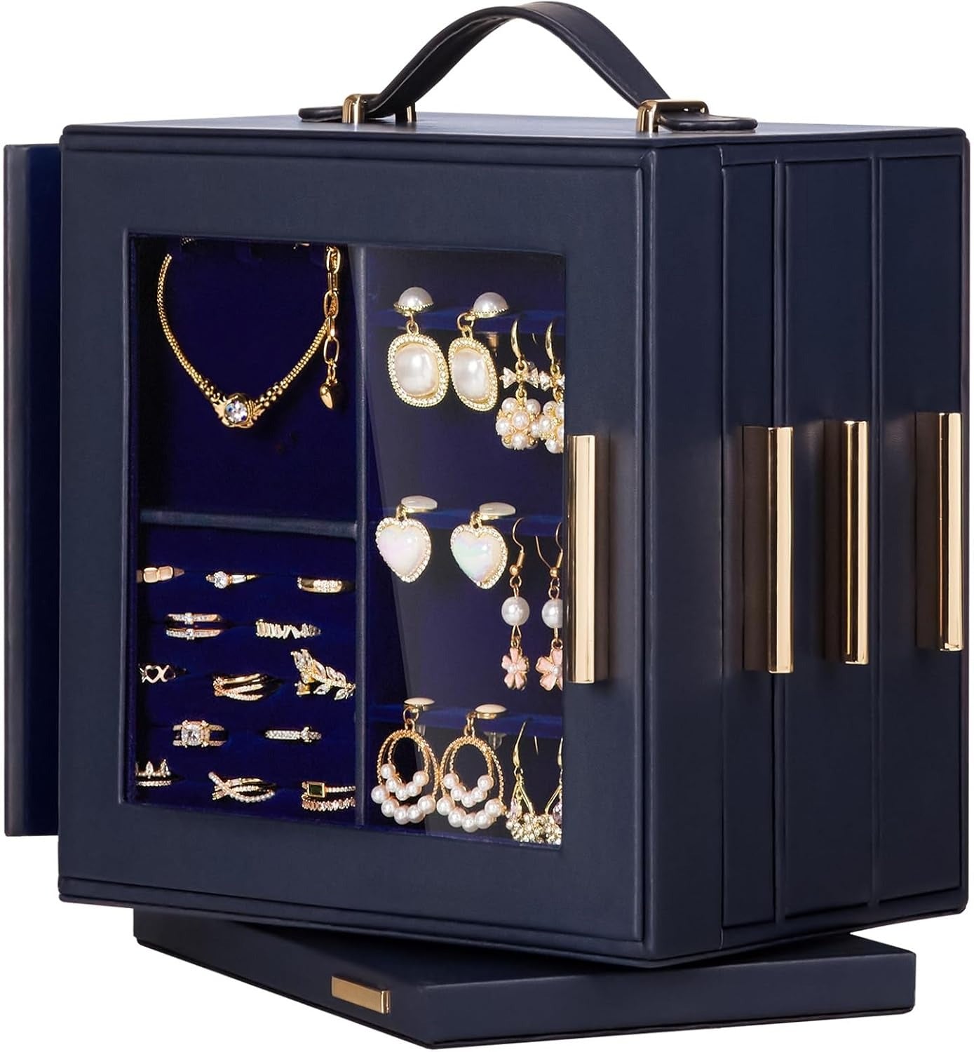 Jewelry Box 360° Rotating, Necklace Earring Organizer with Transparent Window, Mirror, 7 Drawers