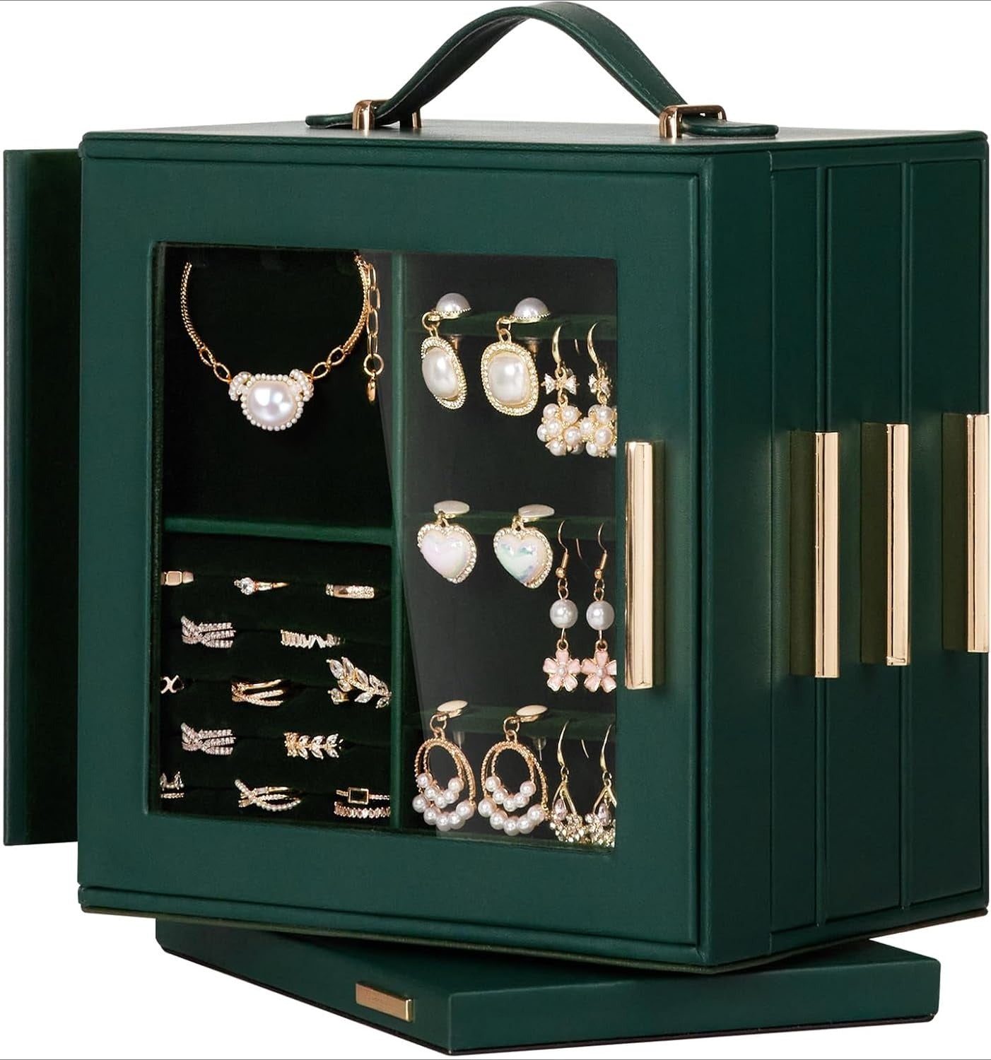 Jewelry Box 360° Rotating, Necklace Earring Organizer with Transparent Window, Mirror, 7 Drawers