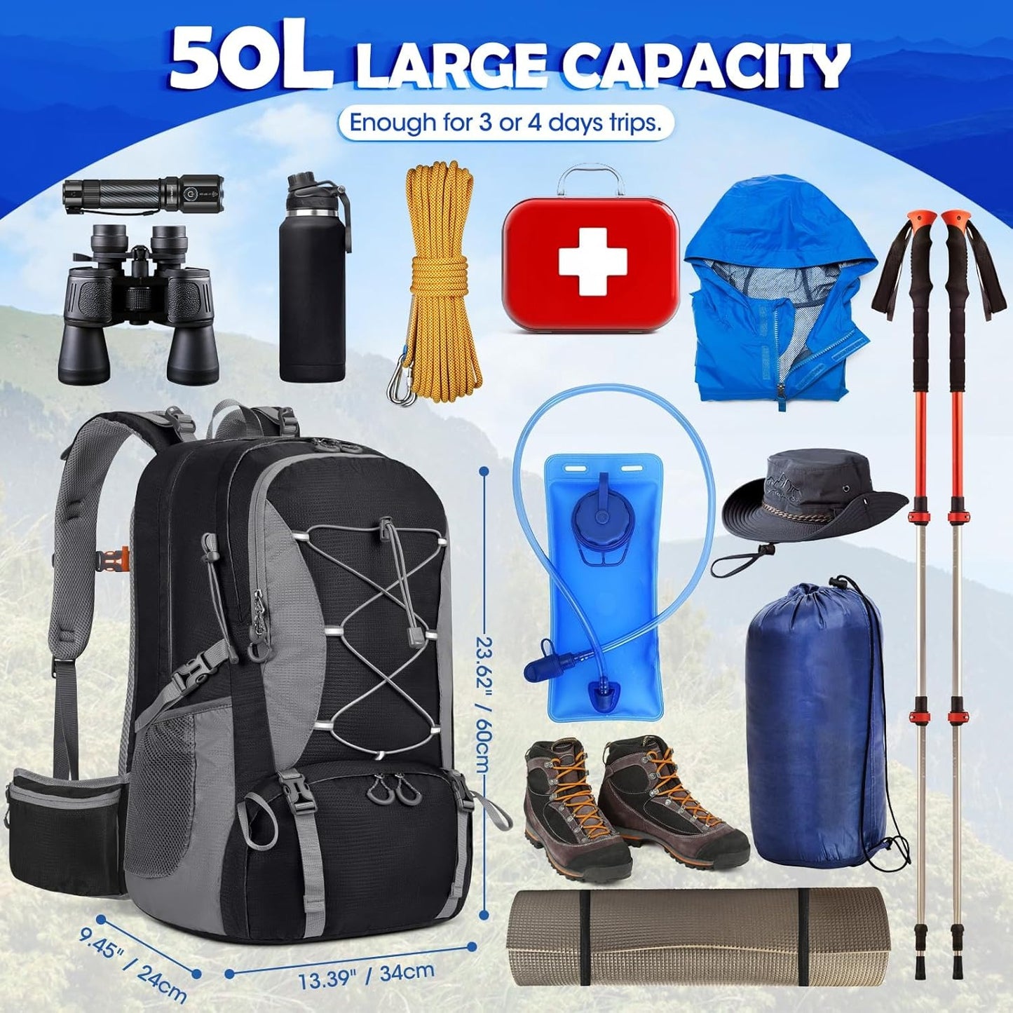 50L Hiking Backpack Waterproof Camping Backpack for Men Women Lightweight HIking Daypack