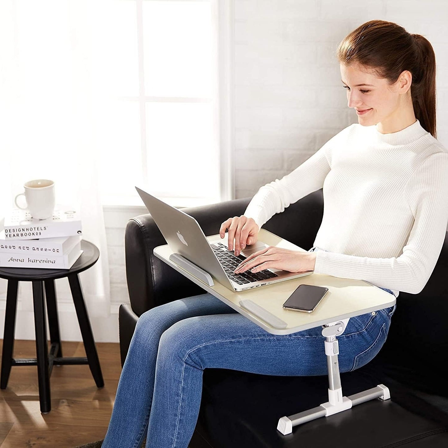 OMOMMD Portable Foldable Adjustable Laptop Stand Tray Table Lap Desk for Bed and Couch, Fits up to 17-Inch Laptop, 12"x20", Cream