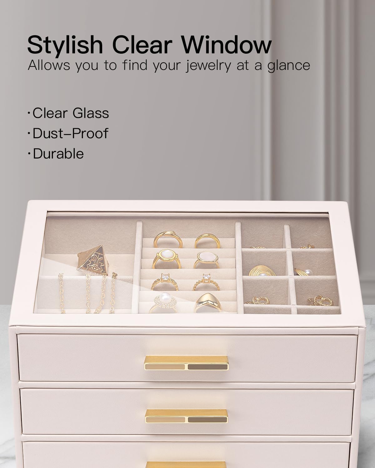 Jewelry Box for Women, Glass Lid Jewelry Organizer with 3 Drawers for Necklaces Rings Earrings Bracelets-Light Pink