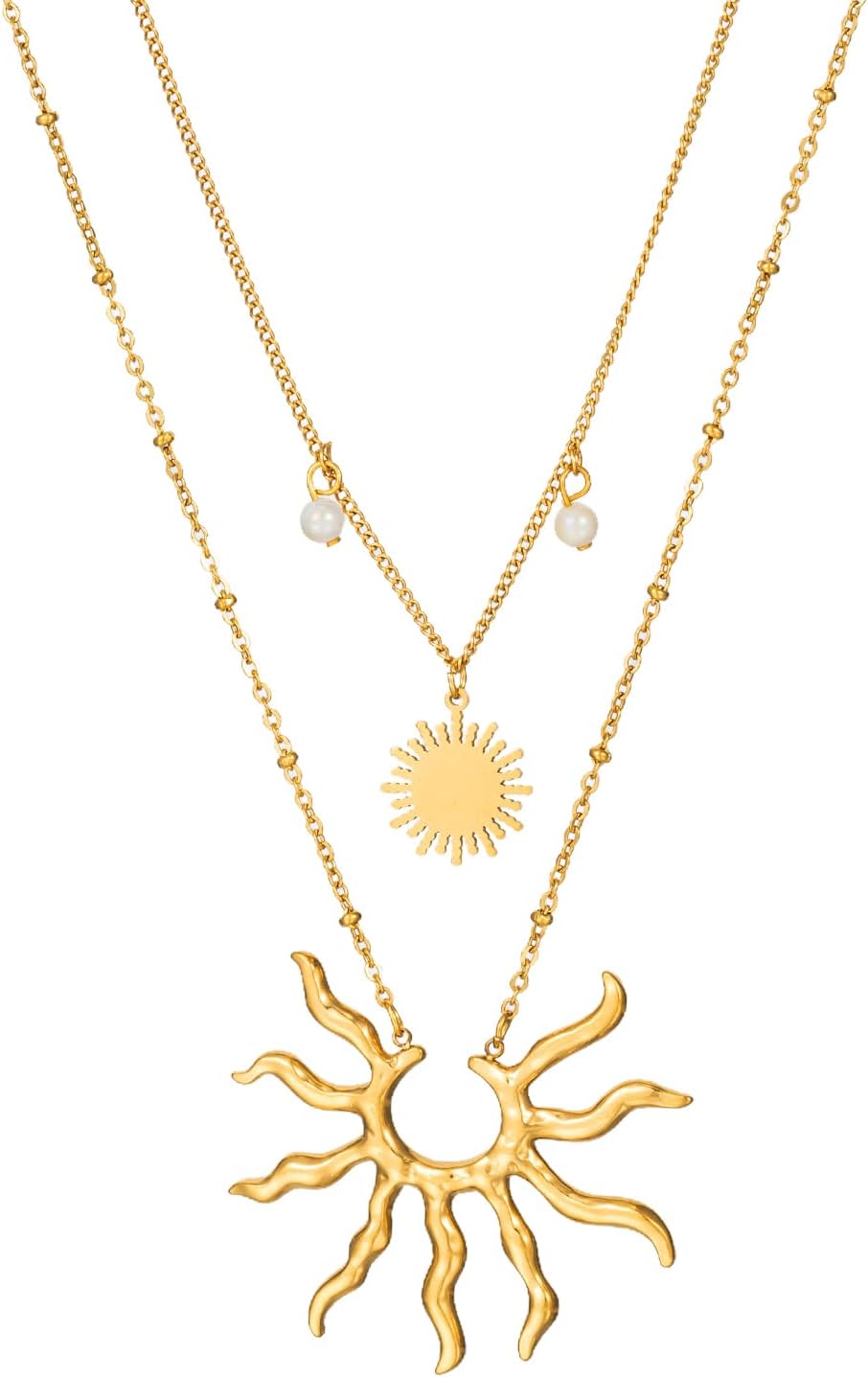 Gold Necklace for Women - Dainty 14K Gold Plated Layered Sun Pendant & Choker, Gift for Her