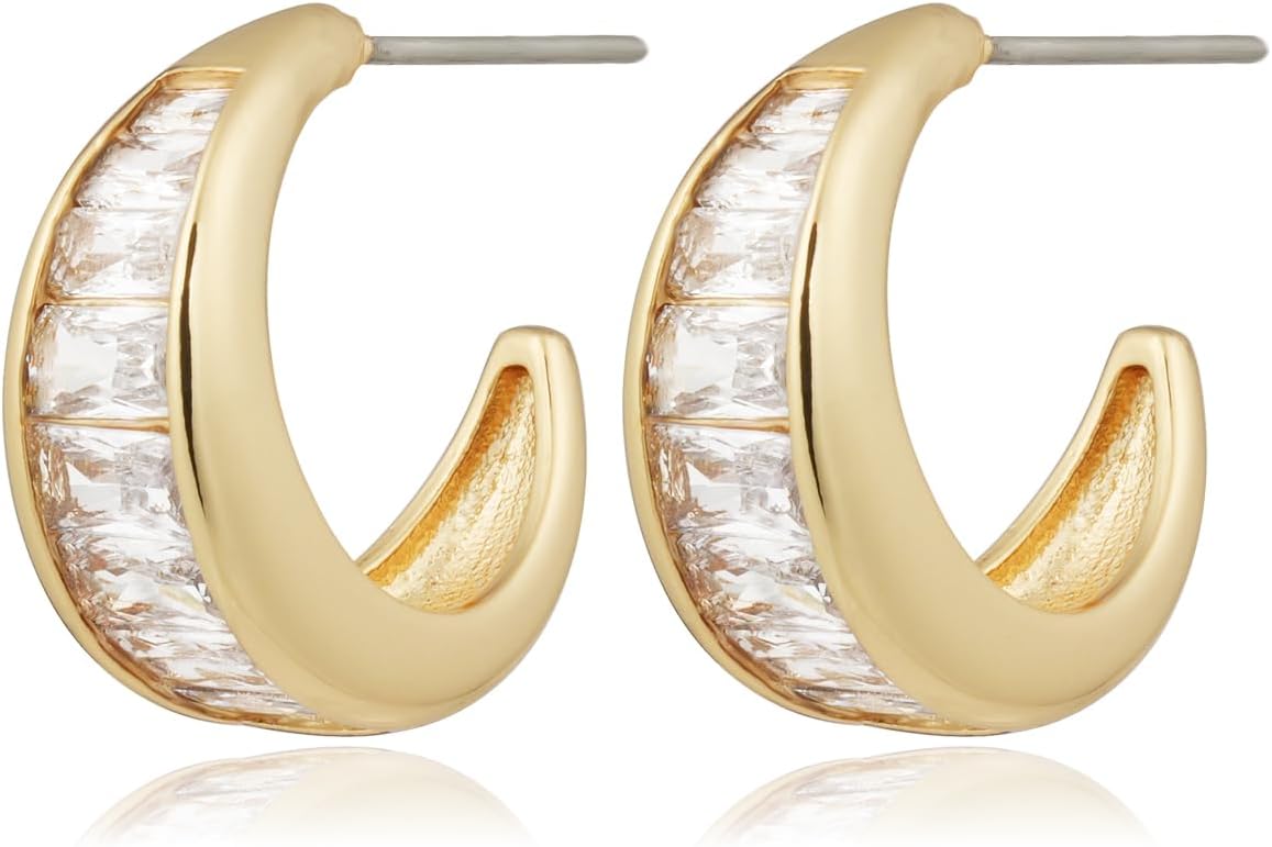 14K Gold Plated Triple Huggie Illusion Stud Earrings | Double Huggie Hoop Earrings for One Hole | Gold Hoop Earrings for Women