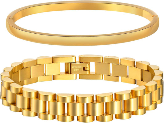 2pcs Gold Chain Link Bracelet, Stainless Steel Crystal Friendship Bracelets Bangle,Watch Band Chains Wristband