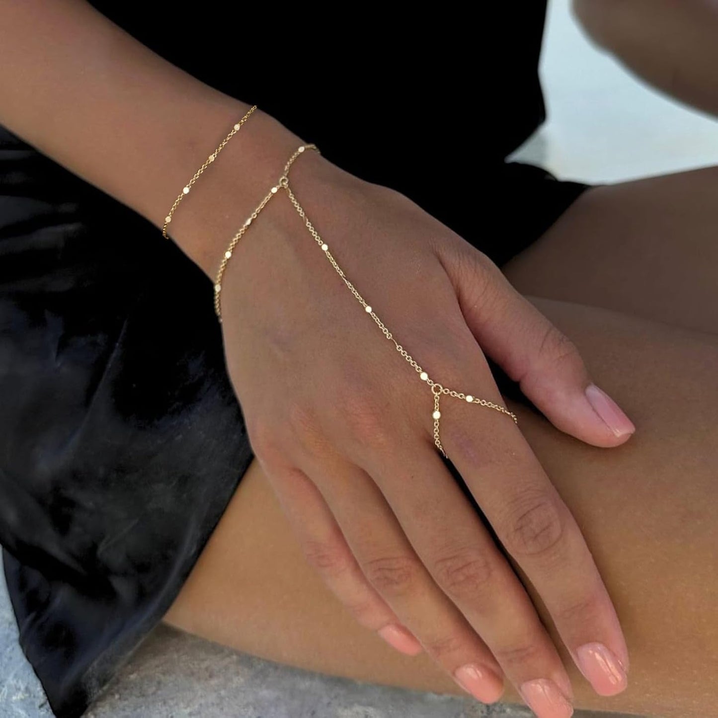 Bracelets for Women 14K Gold Silver Plated Ring Bracelet Hand Chain Dainty Evil Eye Heart Clover
