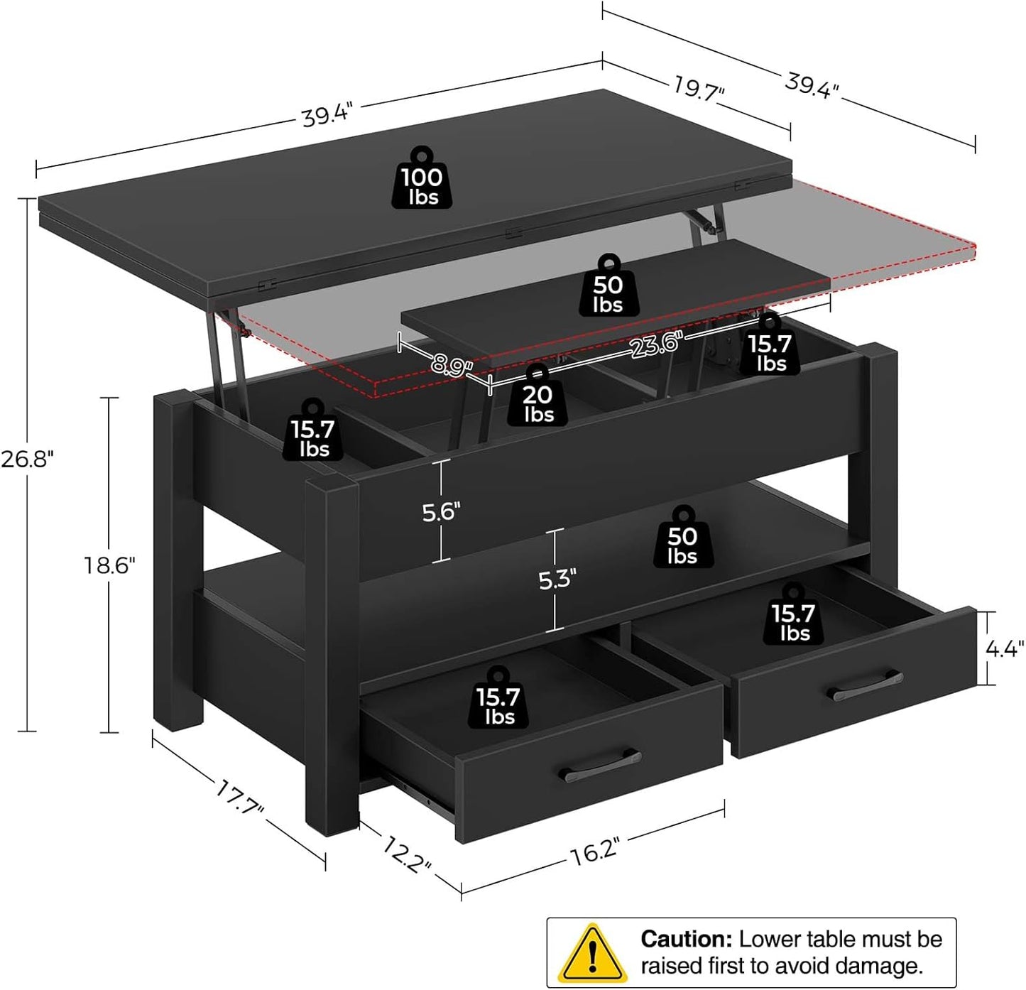 Coffee Table Lift Top, Multi-Function Convertible  with Drawers and Hidden Compartment, Converts to Dining Table