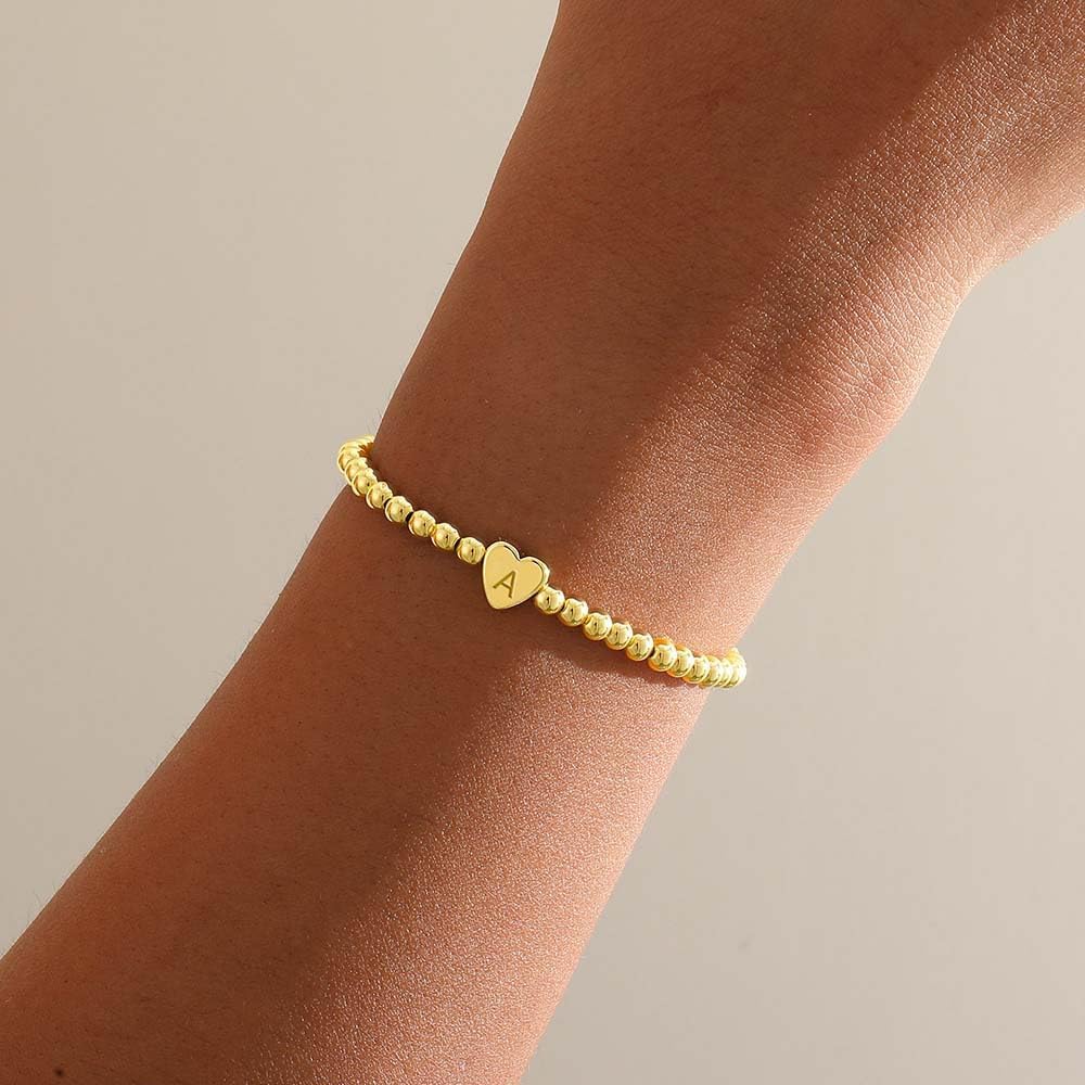 Gold Initial Beaded Bracelets for Women,14K Gold Plated Heart Letter Bracelets Handmade Ball Bead Bracelet