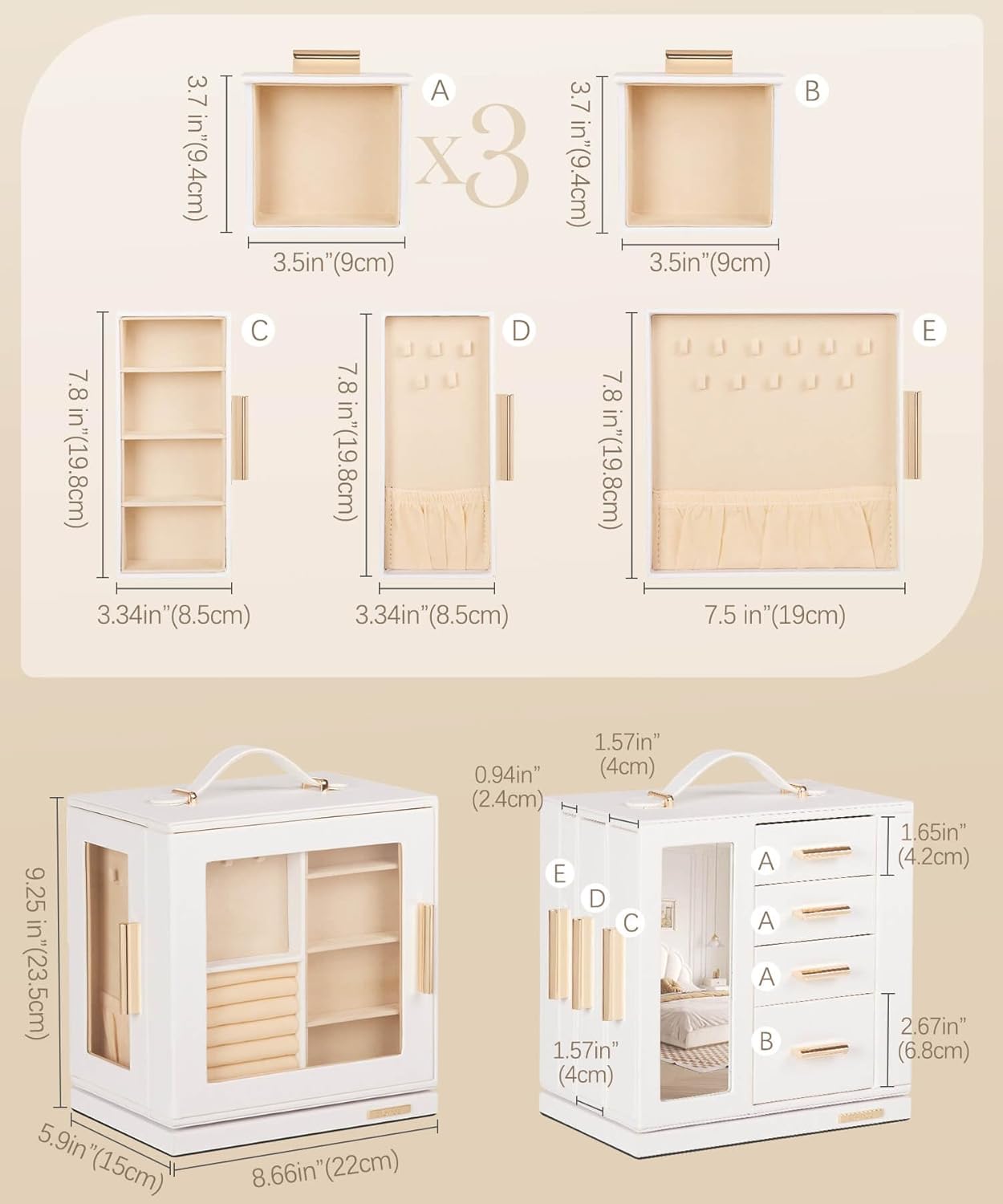 Jewelry Box 360° Rotating, Necklace Earring Organizer with Transparent Window, Mirror, 7 Drawers