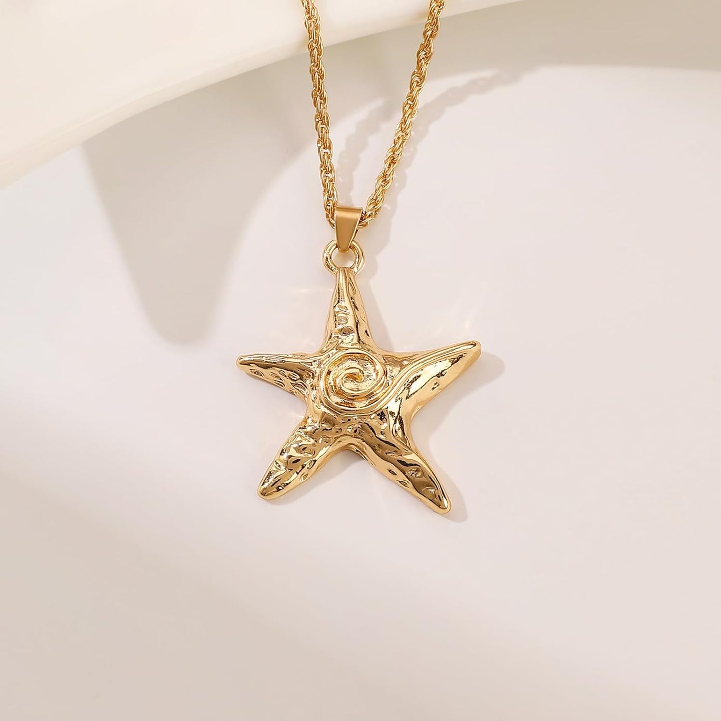 Starfish & Gold Swirl Pendant Necklace - Beach Vacation Seashell Charm, Ocean Theme Adjustable Chain for Women, Summer Jewelry Gift