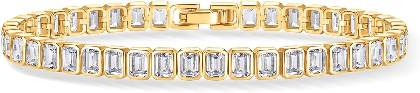 14K-18K Gold Plated Simulated Diamonds Bezel Set Tennis  -  Round Pear Heart Statement Bride Gold Bracelet Stack - Sizes 6.5-7.5 Inch