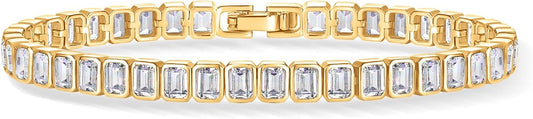 14K-18K Gold Plated Simulated Diamonds Bezel Set Tennis  -  Round Pear Heart Statement Bride Gold Bracelet Stack - Sizes 6.5-7.5 Inch