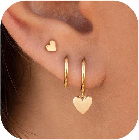 3 Pairs Small Gold Hoop Earring, 14K Gold Plated Earring Stacks Butterfly Heart Star Moon Bow Four Leaf Rhombus Round CZ Pearl