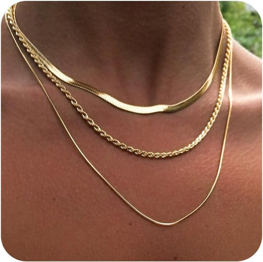 14K Gold Plated Layered Necklace Set - 3Pcs Cuban/Herringbone/Paperclip Chains, Stackable Gift