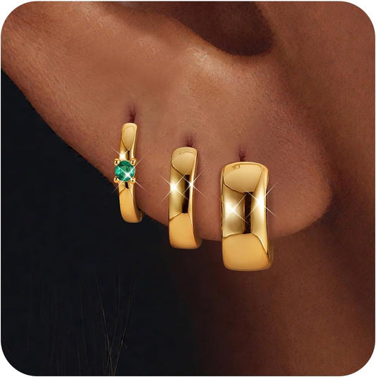 3Pairs 925 Sterling Silver, 14K Gold Plated Small Huggie Hoop Earrings Sets for Multiple Piercing CZ Cartilage Earrings Stacks