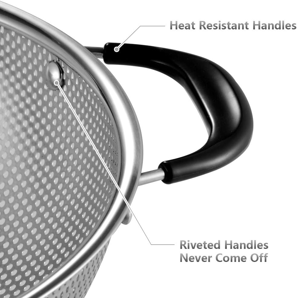18/8 Stainless Steel Colander, Easy Grip Micro-Perforated 5-Quart Colander, Strainer with Riveted and Heat Resistant Handles