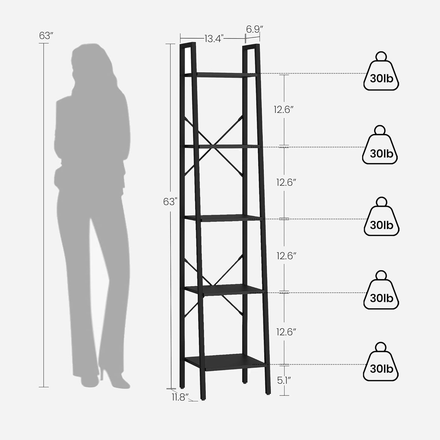 Ladder Shelf, Bookshelf Bookcase, Freestanding Corner Storage Shelve with 2 Hooks