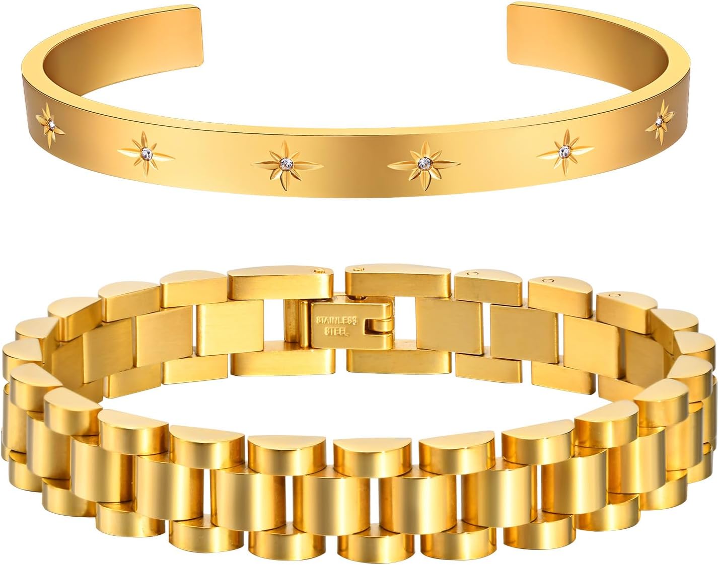 2pcs Gold Chain Link Bracelet, Stainless Steel Crystal Friendship Bracelets Bangle,Watch Band Chains Wristband