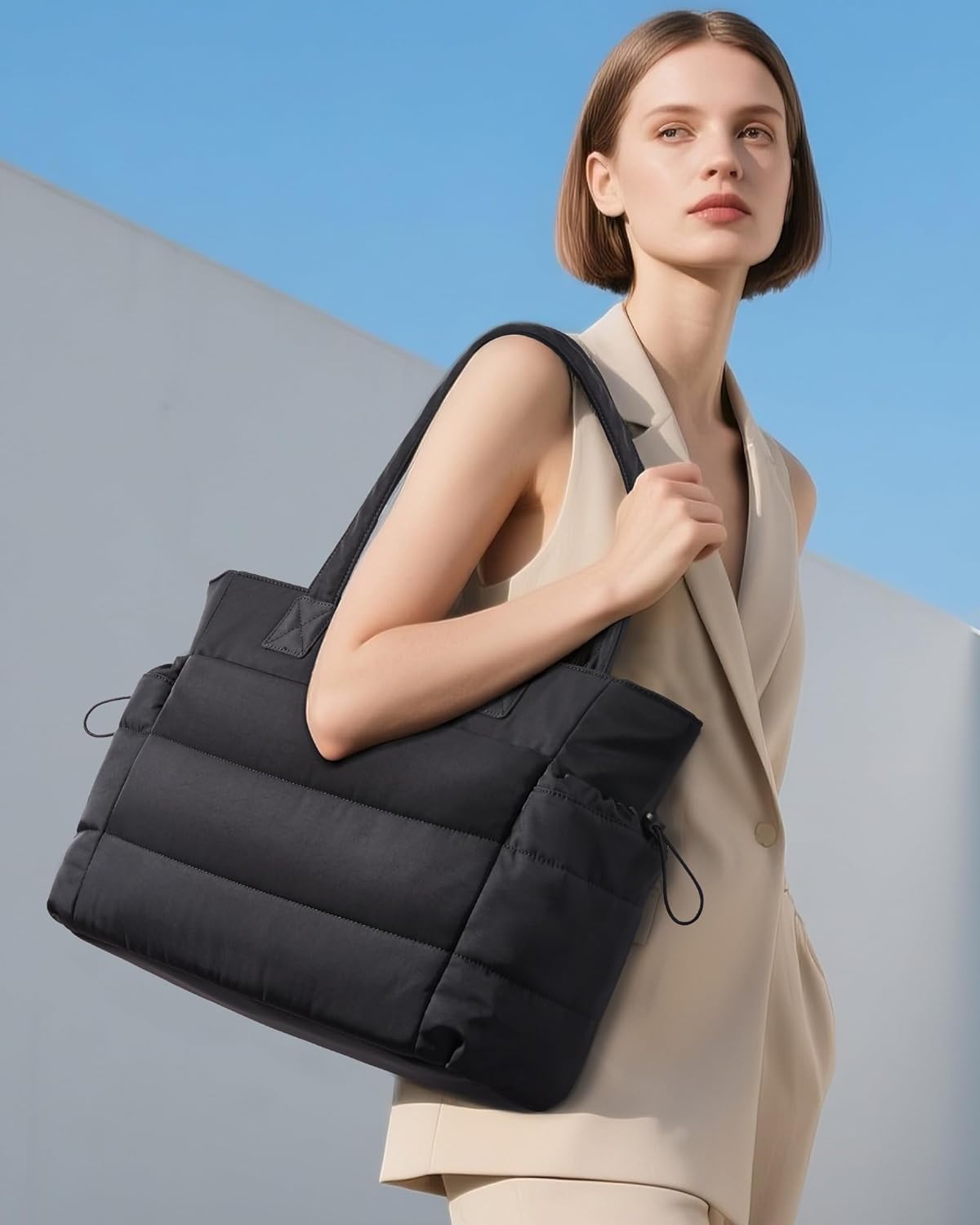 Tote Bag for Women with Giant Tumbler Holder Pocket, Puffer Work Travel Laptop Handbag with Zipper