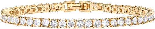 14K Gold Plated 3mm Cubic Zirconia Classic Tennis Bracelet | Gold Bracelets for Women | Size 6.5-7.5 Inch