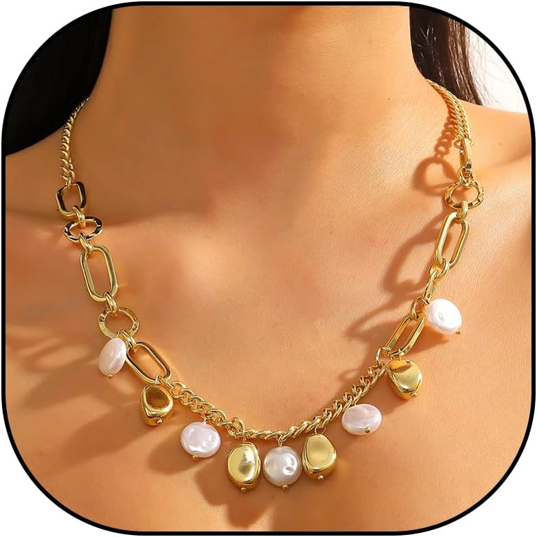 Gold Pearl Choker Necklace, Boho Beach Necklace with Charms, Waterproof Summer Jewelry for Women