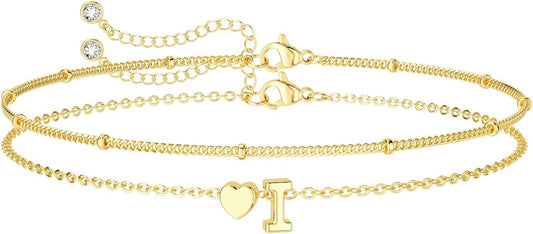 Dainty Initial Heart Gold Bracelets for Women Trendy, 14K Real Gold Letter Charm Bracelet Jewelry