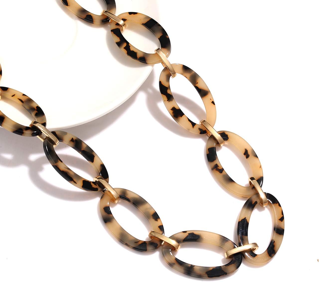 Leopard Print Necklace, Tortoise Acrylic & Metal Link Choker Collar for Women