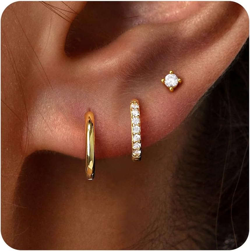 Small Sterling Silver Huggie Hoop Earrings Set for Women, 14K Gold Plated Hoops Stacks for Multiple Piercings