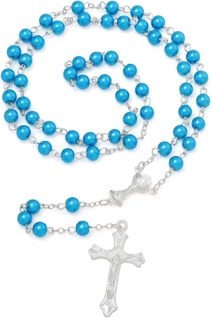 6mm Pearl Rosary Beads With Crucifix - Women's Catholic Prayer Necklace, Gift Box & Pouch Included