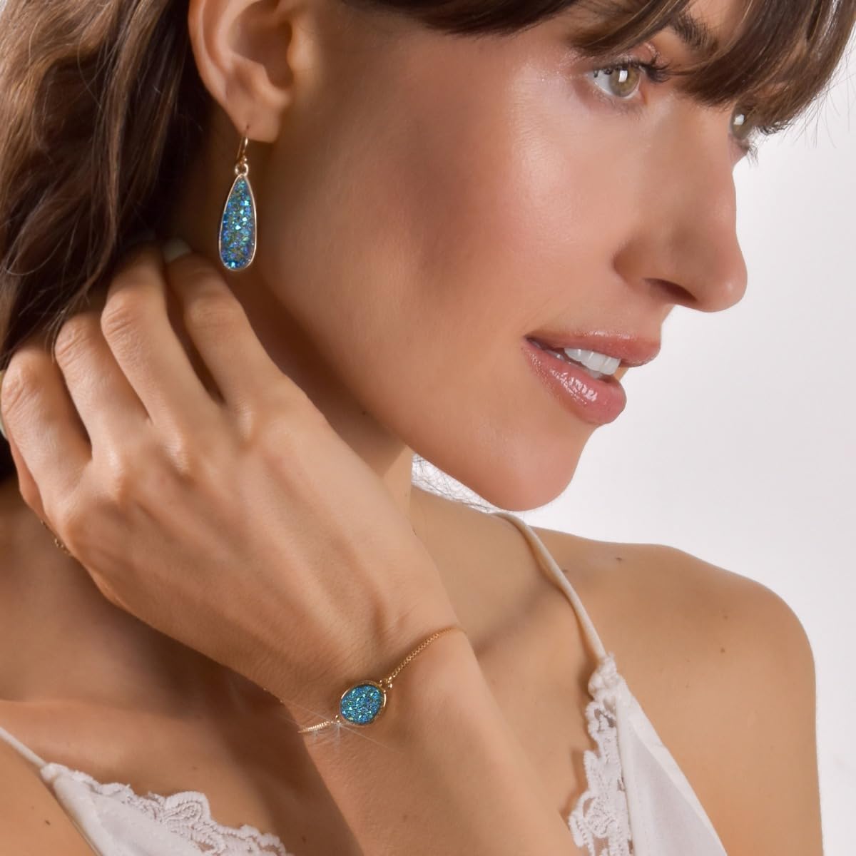 Humble Chic NY Simulated Druzy Chain Bracelet for Women - Boho Stackable Adjustable Bolo Slider Bracelet