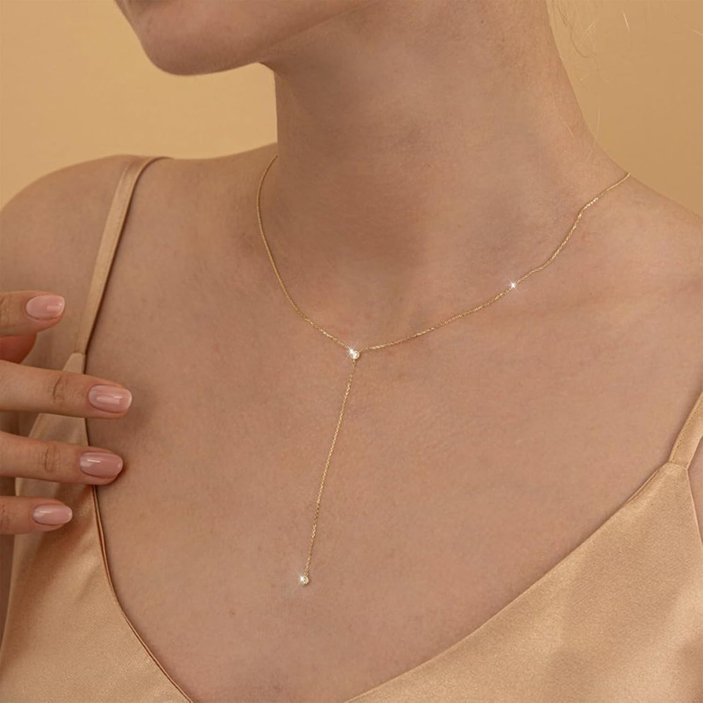 Lariat Gold Necklace for Women: Dainty 14K Gold Plated/Silver Y-Shaped Beaded Drop Chain, Trendy Gift