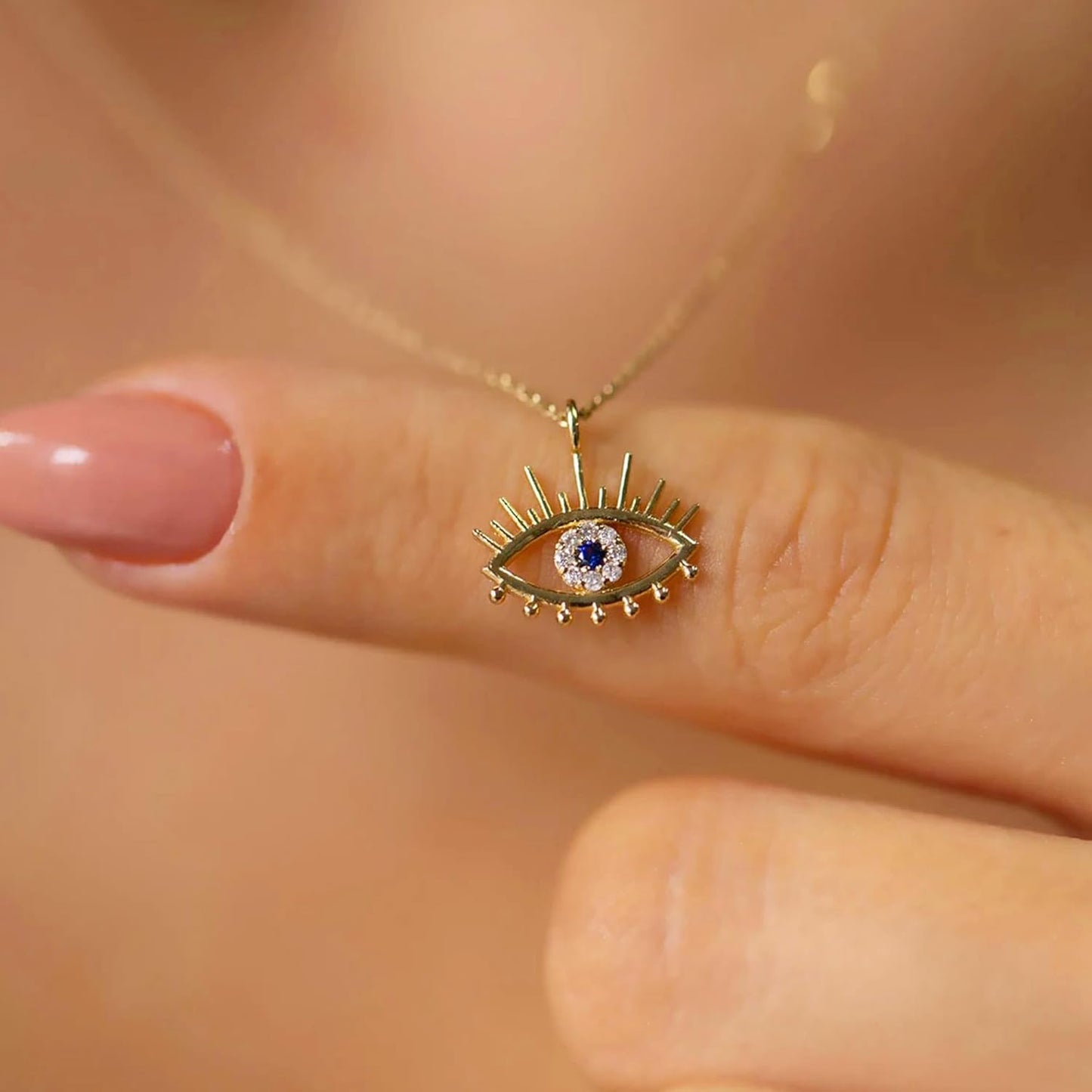 Evil Eye Necklace: 14K Gold Plated Blue CZ Diamond Boho Pendant for Women, Protection Gift