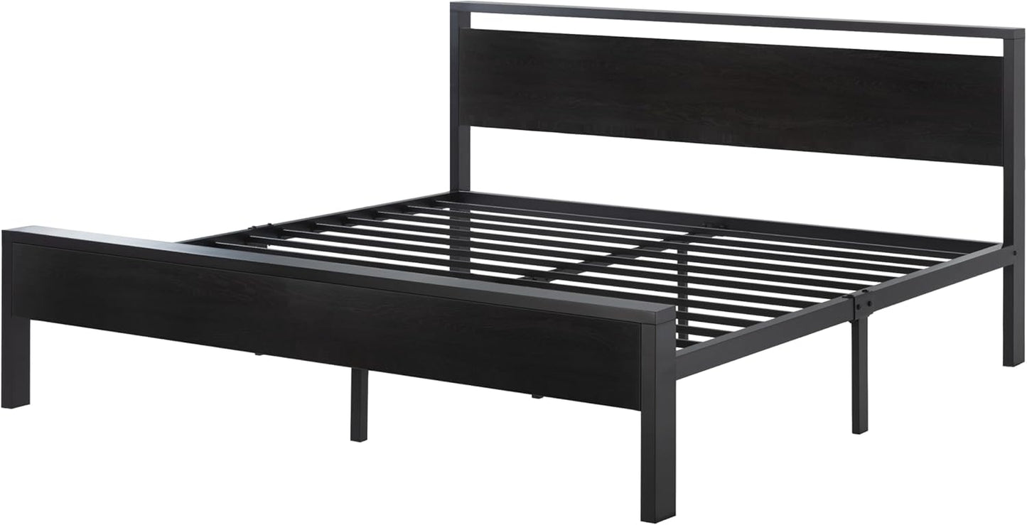 King Size Metal Platform Bed Frame with Wooden Headboard and Footboard, Mattress Foundation, No Box Spring Needed