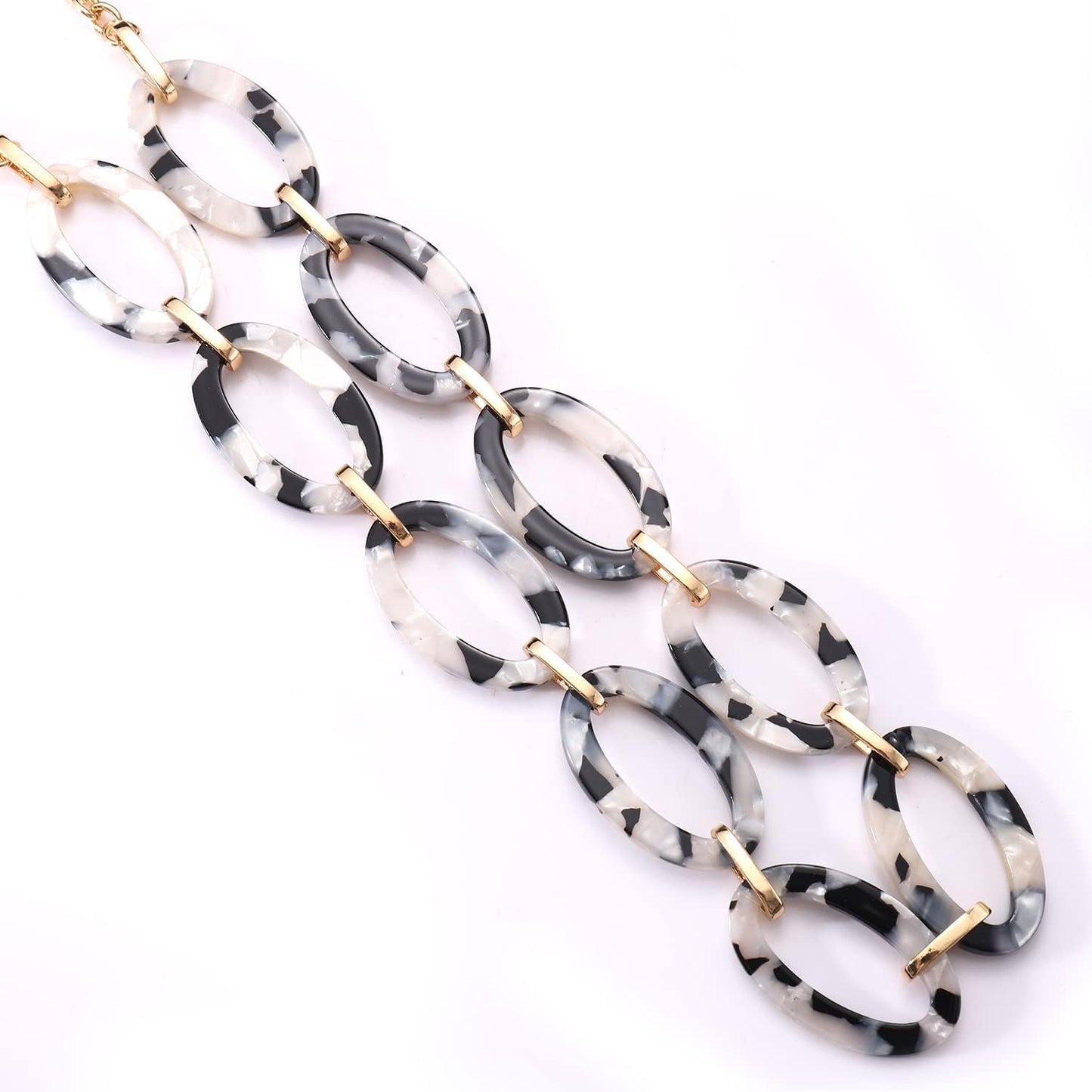 Women: Leopard & Tortoise Print Acetate Collar Necklace with Metal Oval Resin Chain