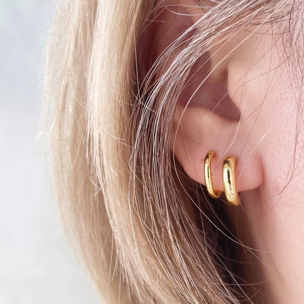 14K Gold Plated Triple Huggie Illusion Stud Earrings | Double Huggie Hoop Earrings for One Hole | Gold Hoop Earrings for Women