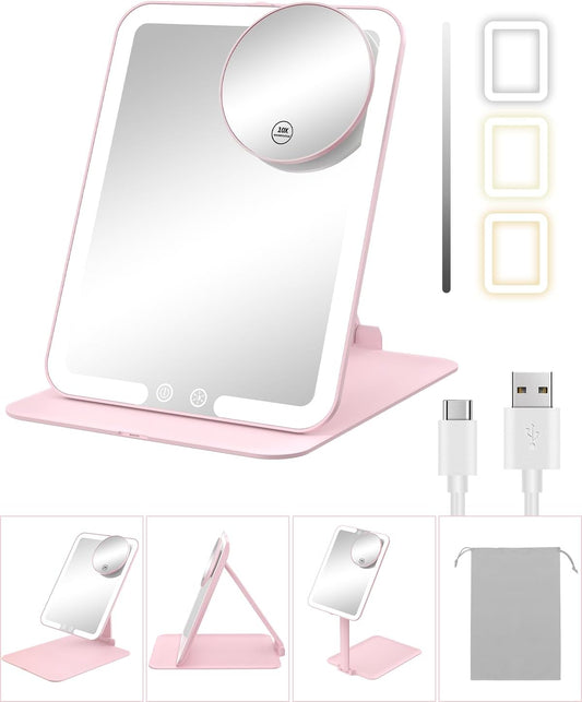 Travel Makeup Mirror with Lights and Magnification 10X, with Adjustable Stand