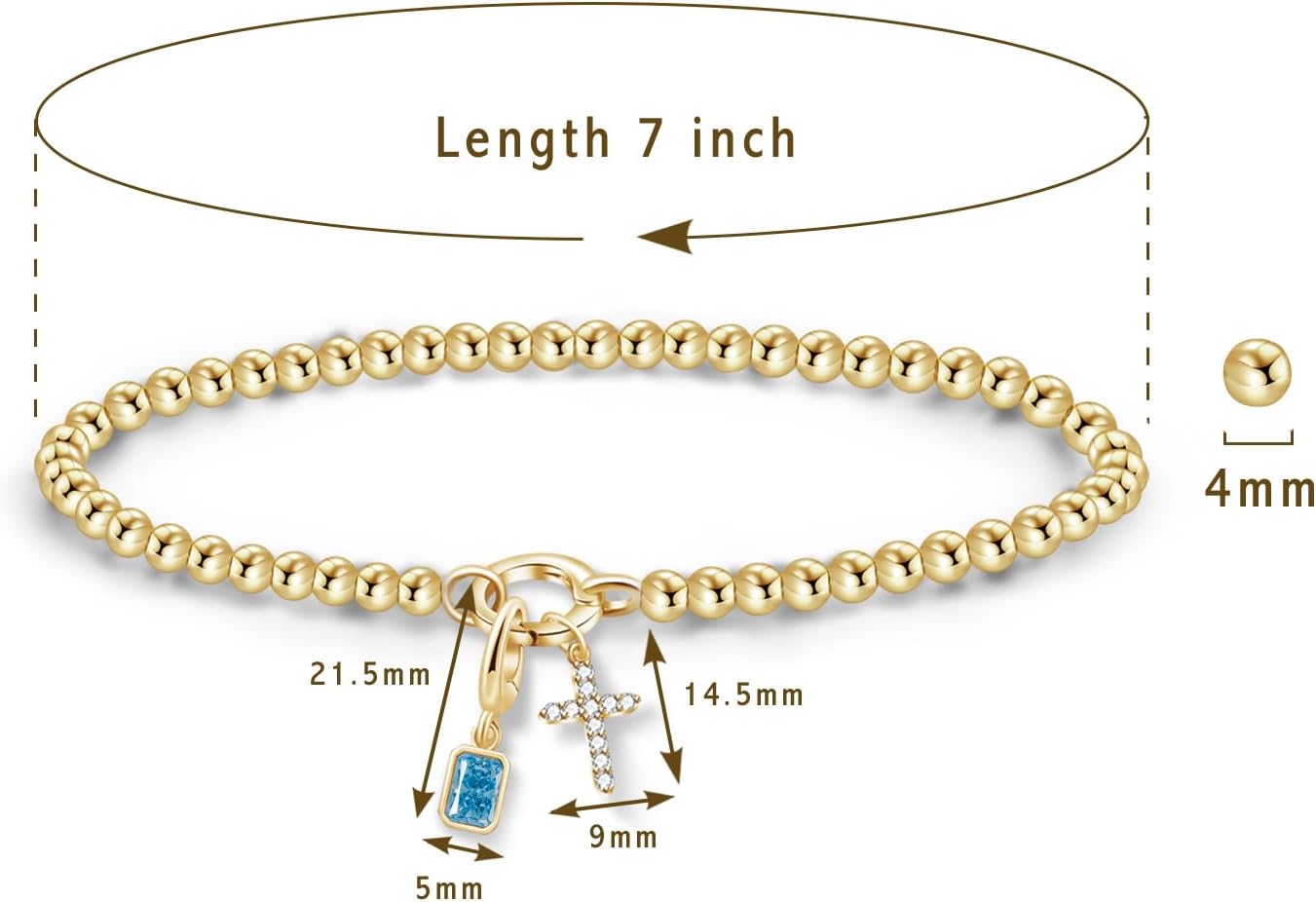 Free bird Cross Birthstone Bracelet | Dainty 14K Gold Plated Cross Charm Bracelet | Stretchable Elastic Gold Beaded Bracelet