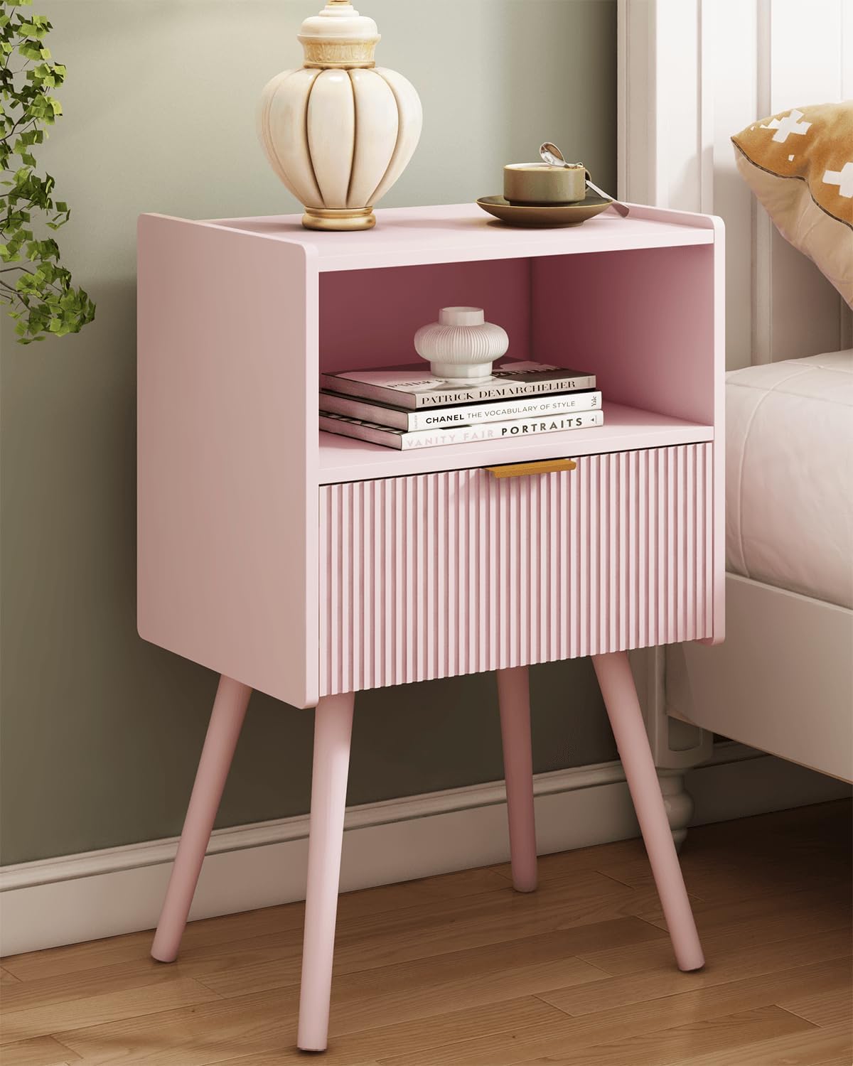 Nightstand, with Storage Drawer and Open Wood Shelf,  Accent Night Stand Easy Assembly