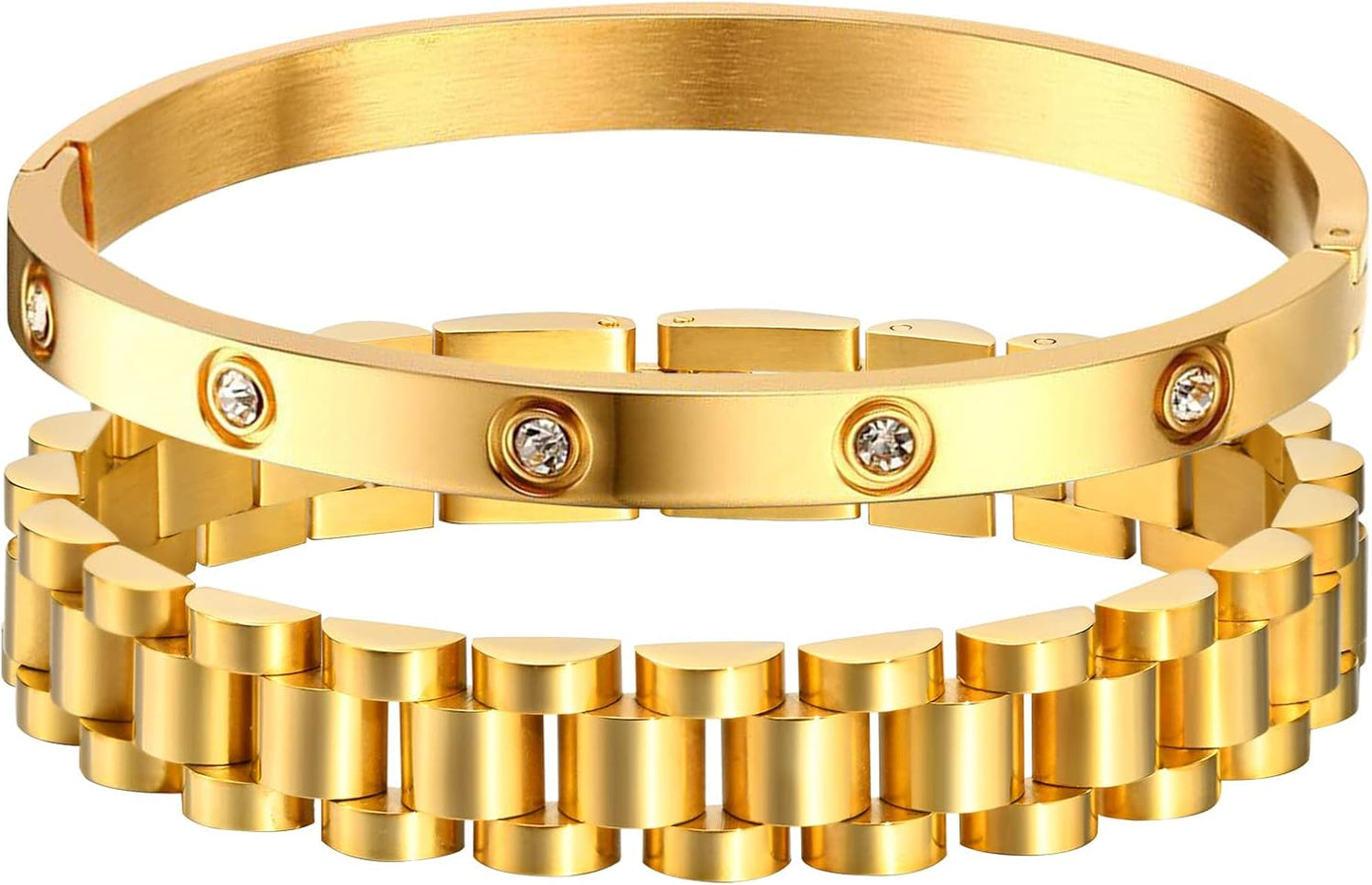 2pcs Gold Chain Link Bracelet, Stainless Steel Crystal Friendship Bracelets Bangle,Watch Band Chains Wristband