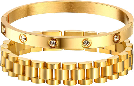 2pcs Gold Chain Link Bracelet, Stainless Steel Crystal Friendship Bracelets Bangle,Watch Band Chains Wristband